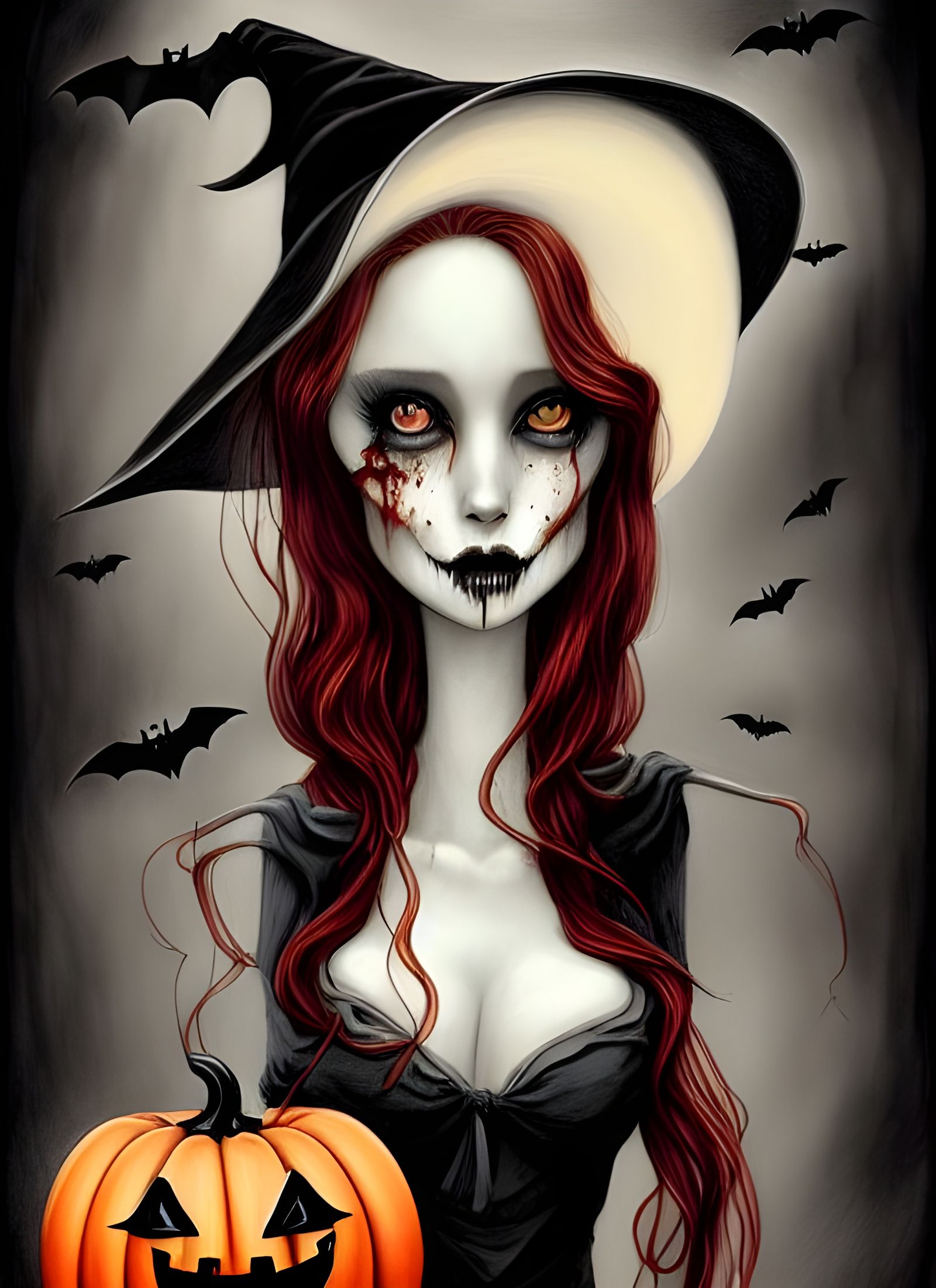 Voluptuous Witch Portrait in Tim Burton Style