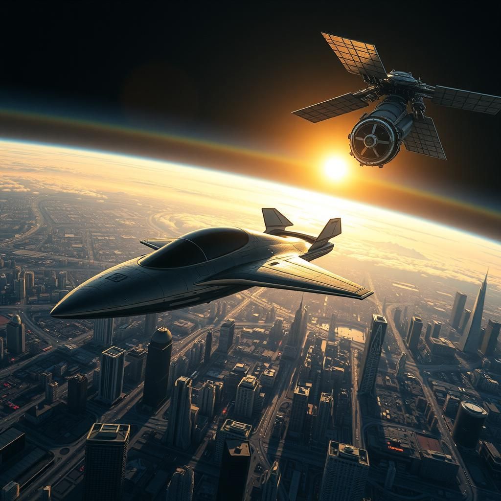 Sleek Spaceship Emerges Above Cyberpunk Metropolis