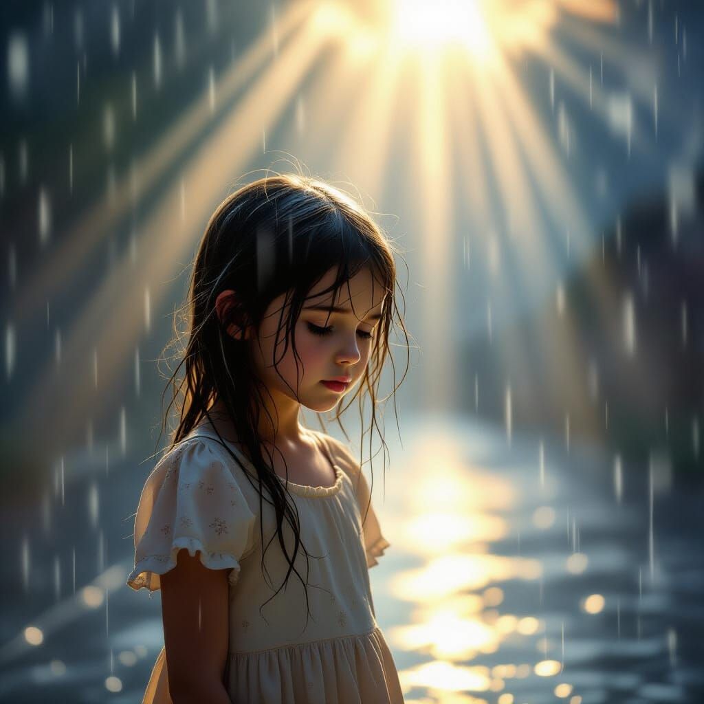Girl in Rain Touched by Divine Sunshine, Painterly Style