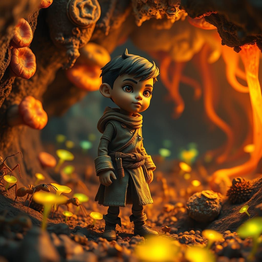 Tiny Person in a Bioluminescent Ant Colony