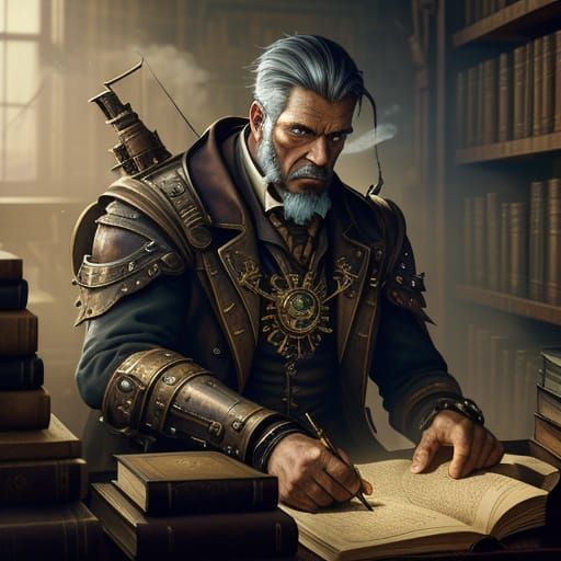 Steampunk Scholar in Library Concept Art