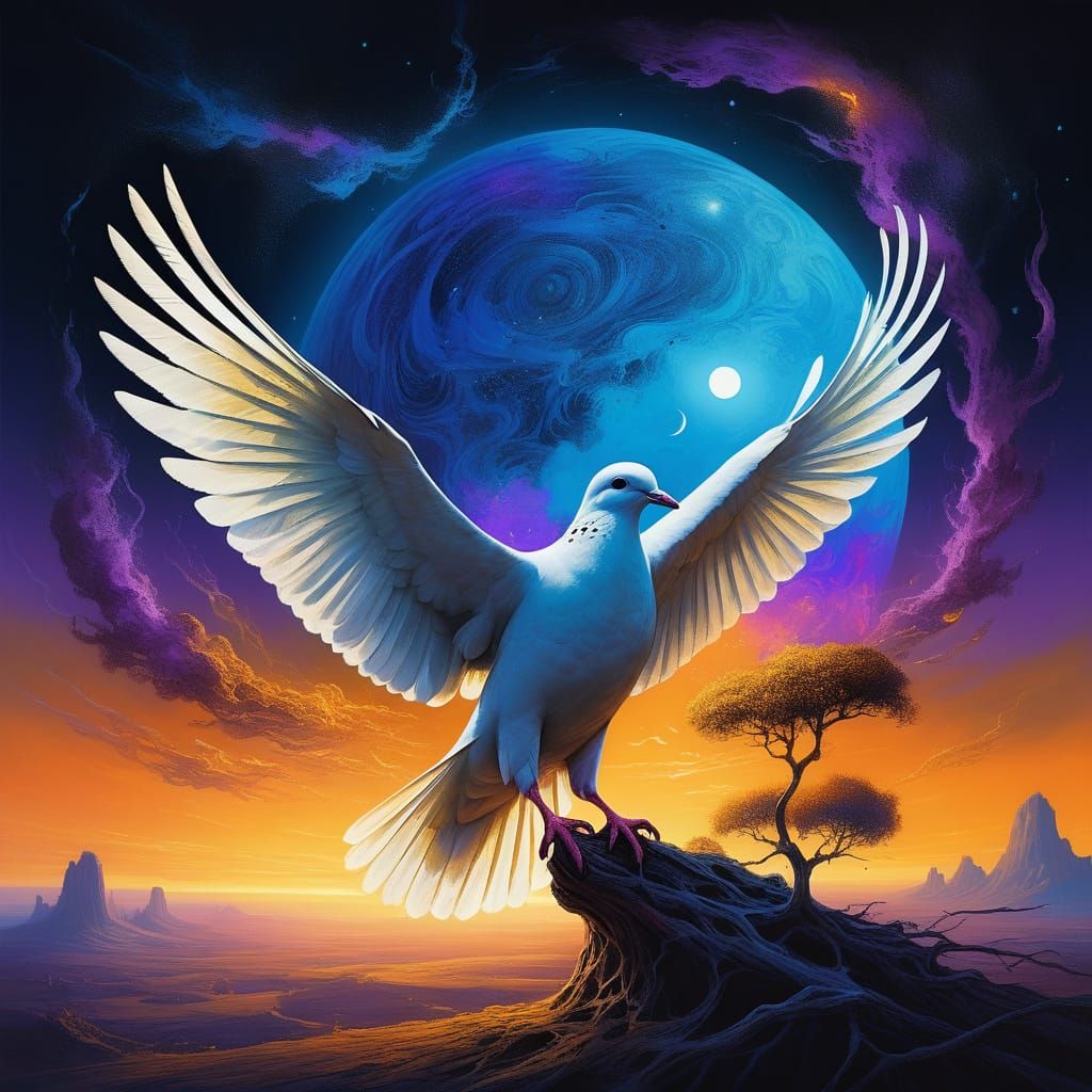 Surreal Dove soars over Fractured Earth in Cosmic Harmony