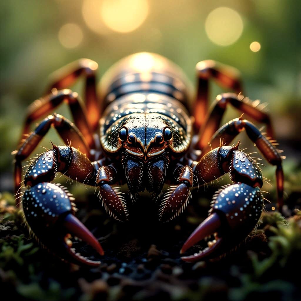 Scorpion Portrait with Celestial Constellations & Dewdrops