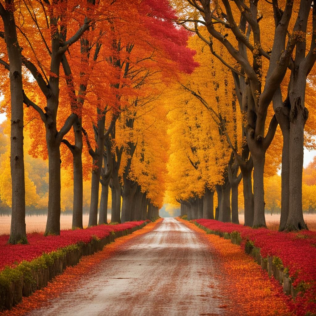 Autumnal Tree-Lined Lane with Fall Flowers