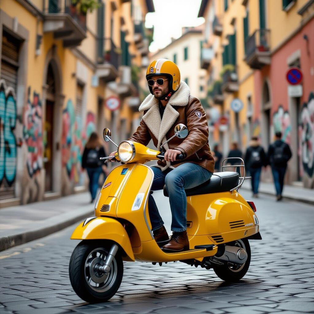 A mod wearing a fishtail parka and shades, riding a vintage Lambretta scooter through the winding streets of a European ...