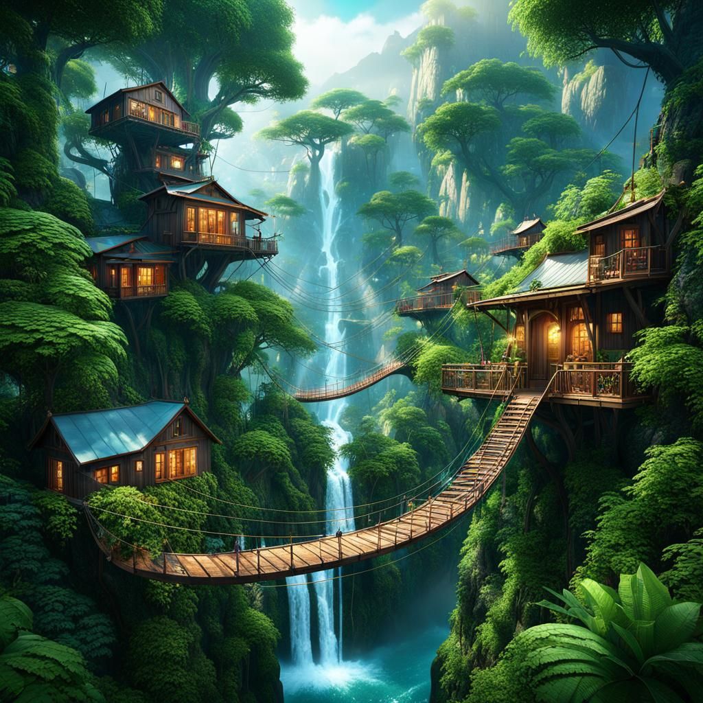 Misty Mountain Treehouse Village: Fantasy Concept Art