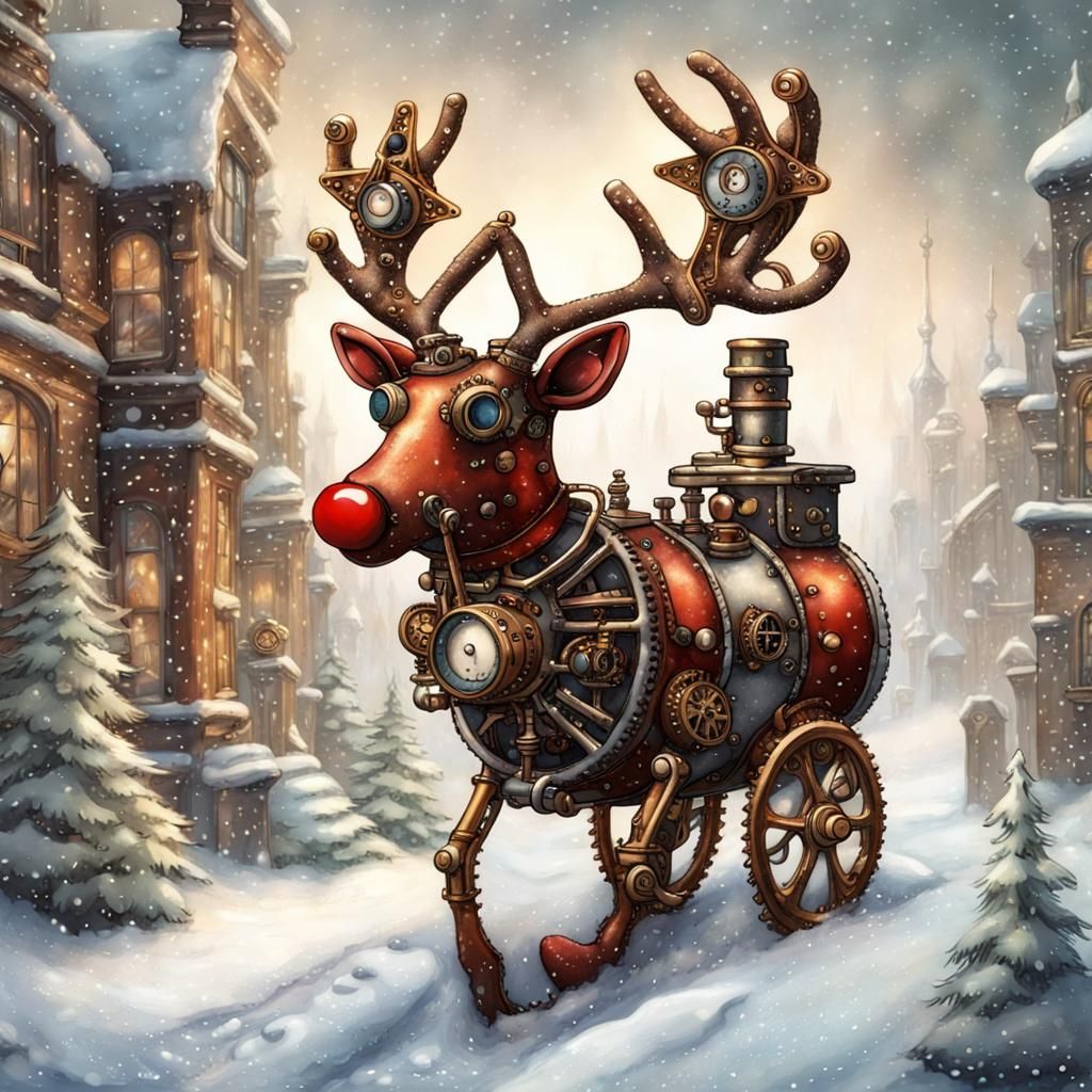 Steampunk Rudolph in Winter Wonderland: Hyperdetailed Scene