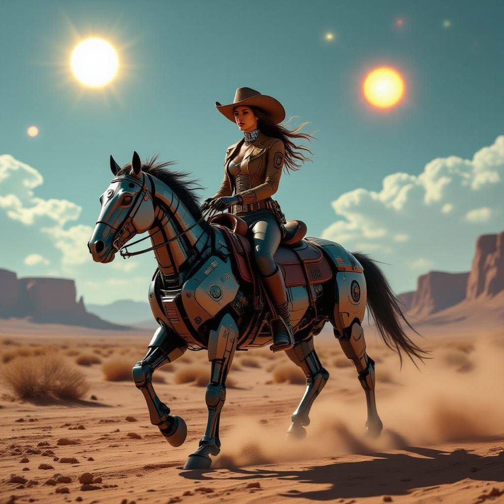 Cyborg Cowgirl Rides Mechanical Horse on Alien Planet