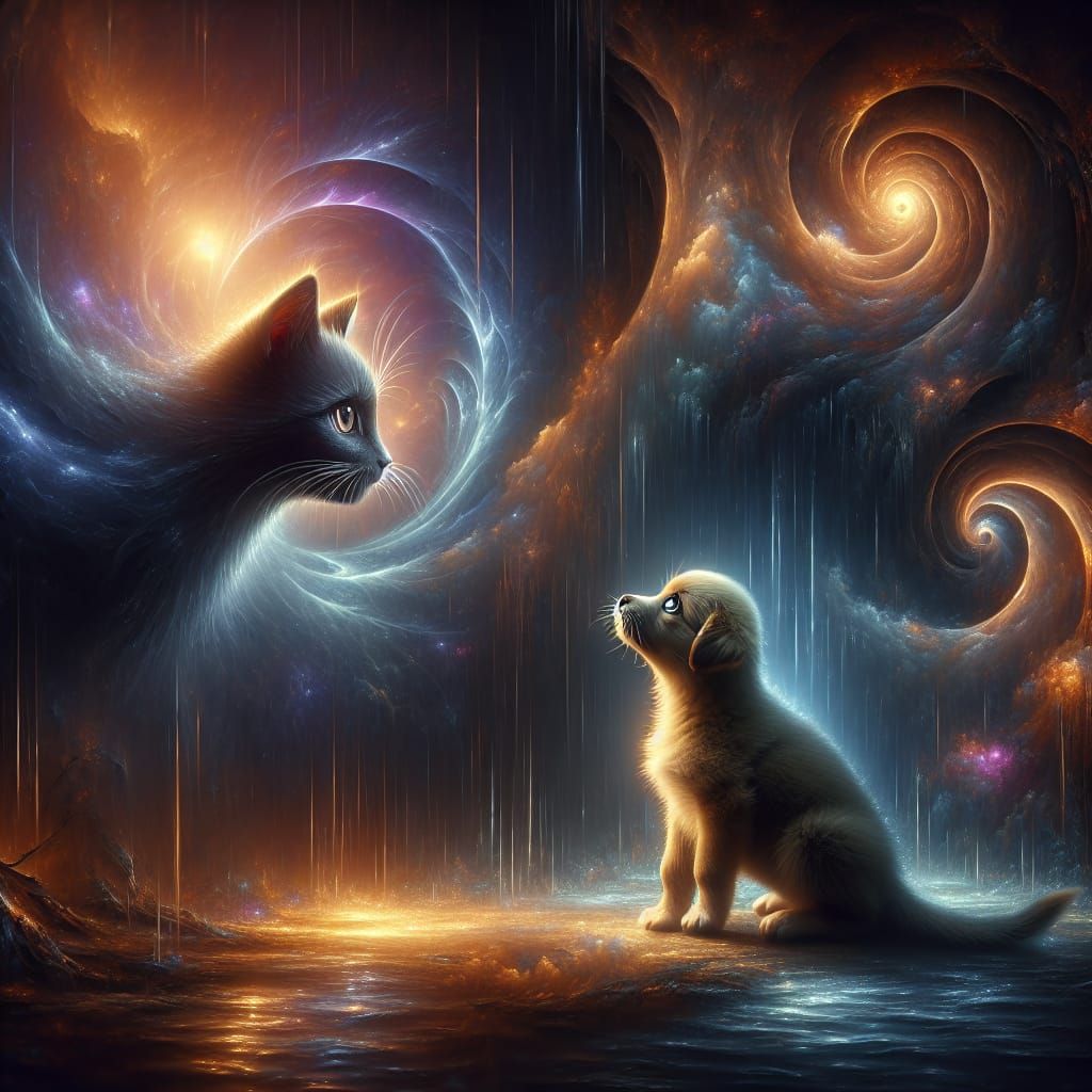 Puppy and Cat in Gentle Rain, Fantasy Concept Art