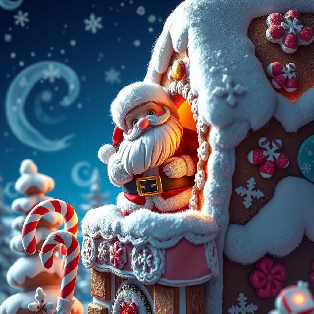 Vibrant Santa Squeezed into Gingerbread House Chimney