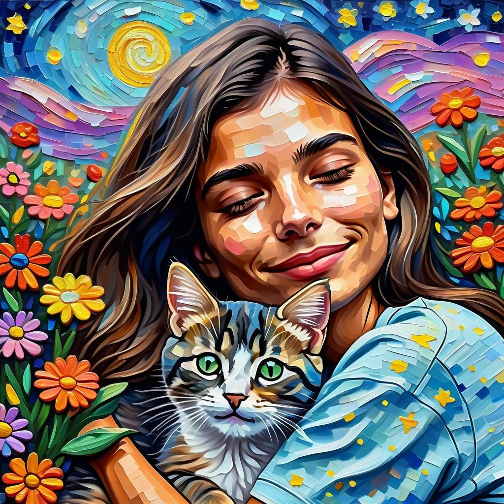 Emily Ratajkowski and Kitten in Post-Impressionist Style