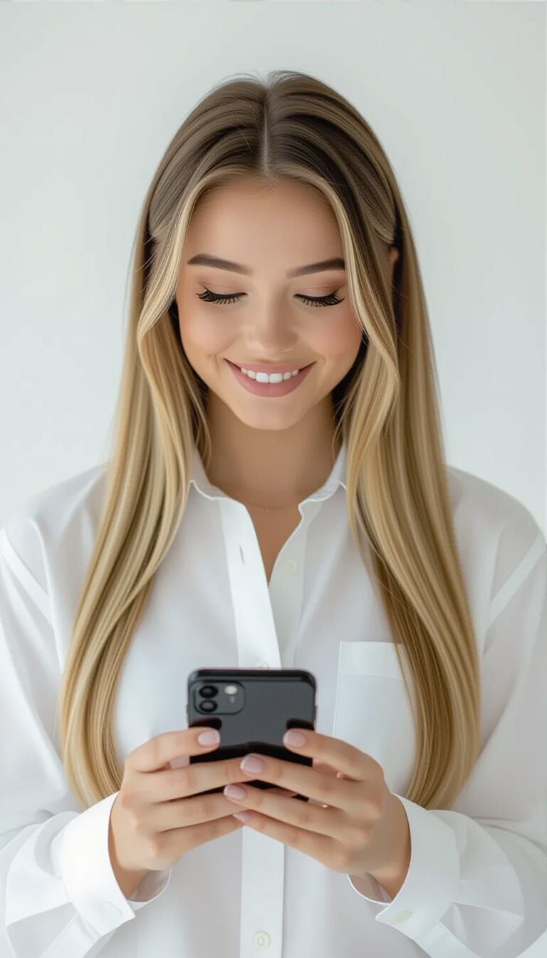 Young Woman in Studio Portrait with Blonde Hair and Smartpho...