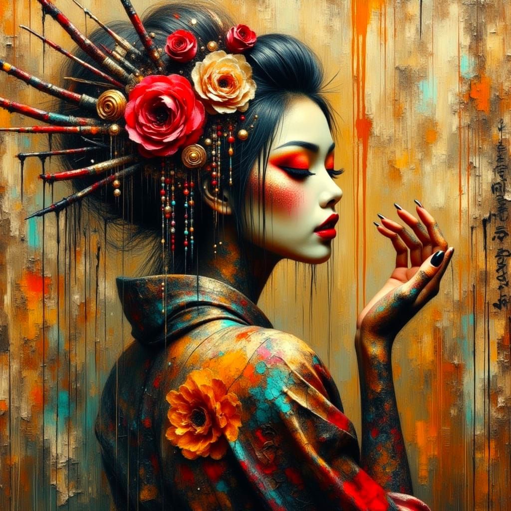 Elegant Geisha in Intense Impasto Style