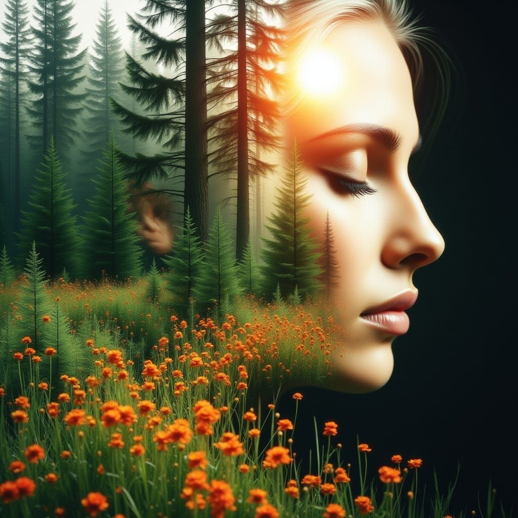 Serene Woman Merged with Nature Scene
