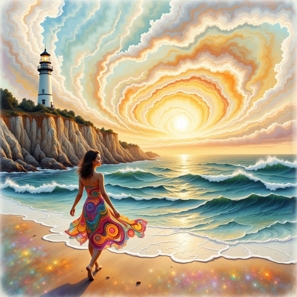 Woman on Beach with Swirling Sea and Lighthouse