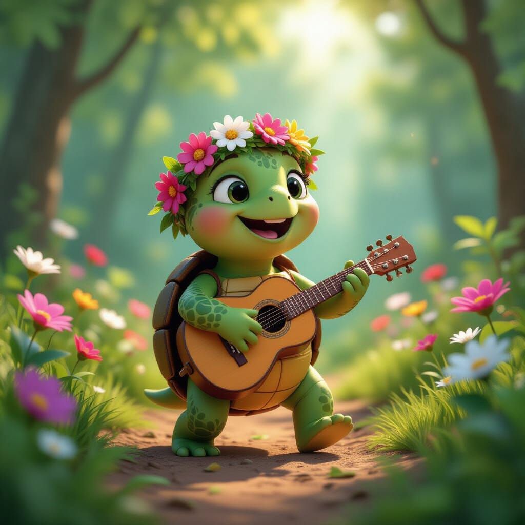 Cheerful Turtle Singer in Pixar-Inspired Forest