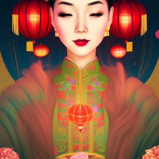 Chinese Girl at Lantern Festival in Pop Art Deco