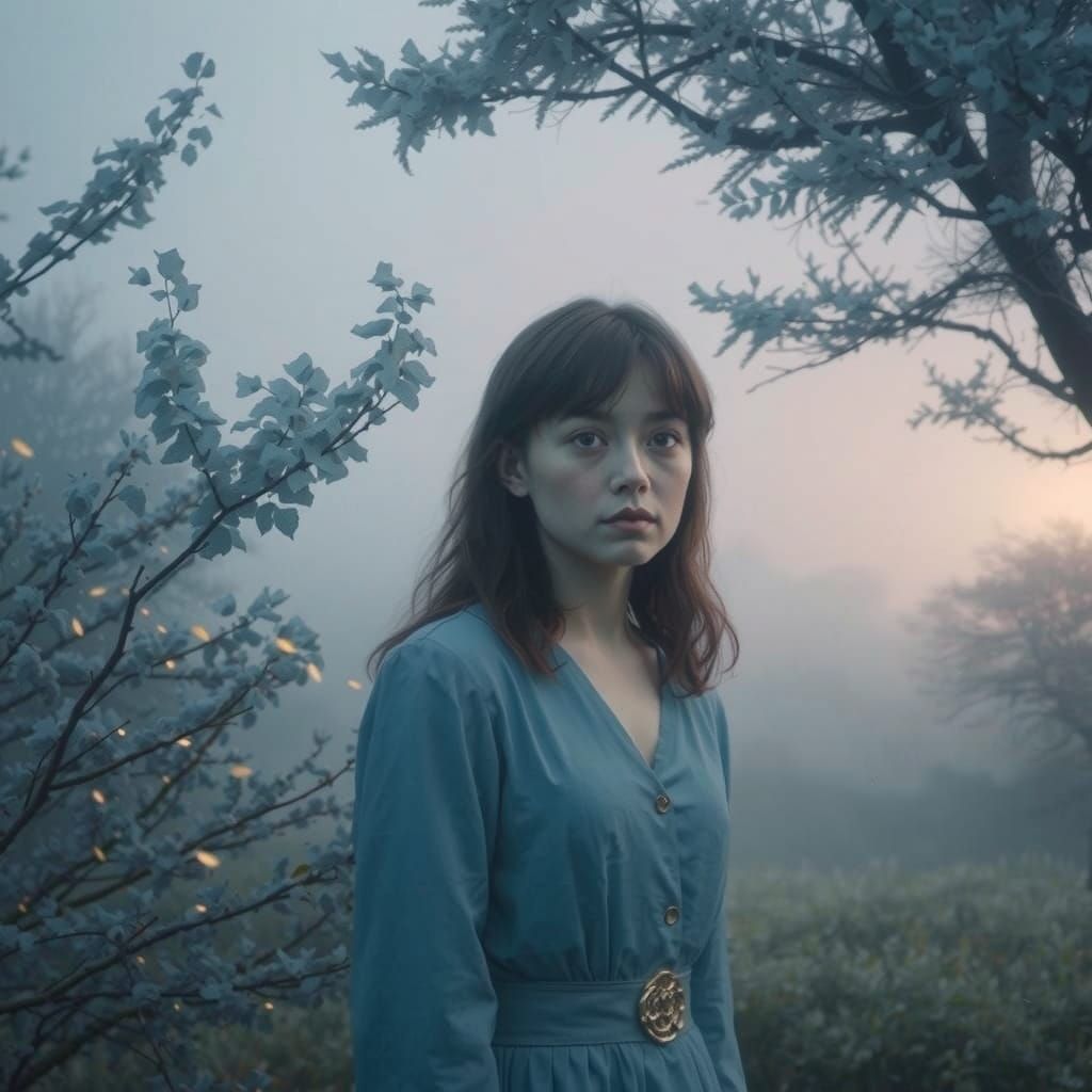 Ethereal Figure Stands by Moonlit Lake in Symbolist Style