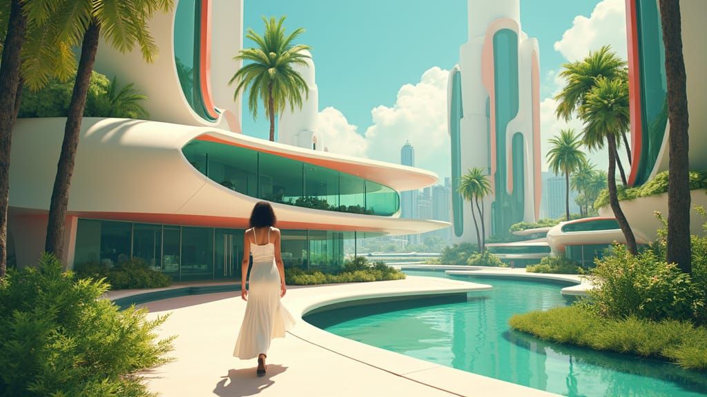 Utopic Frutiger Aero Cityscape With Flowing White Dress