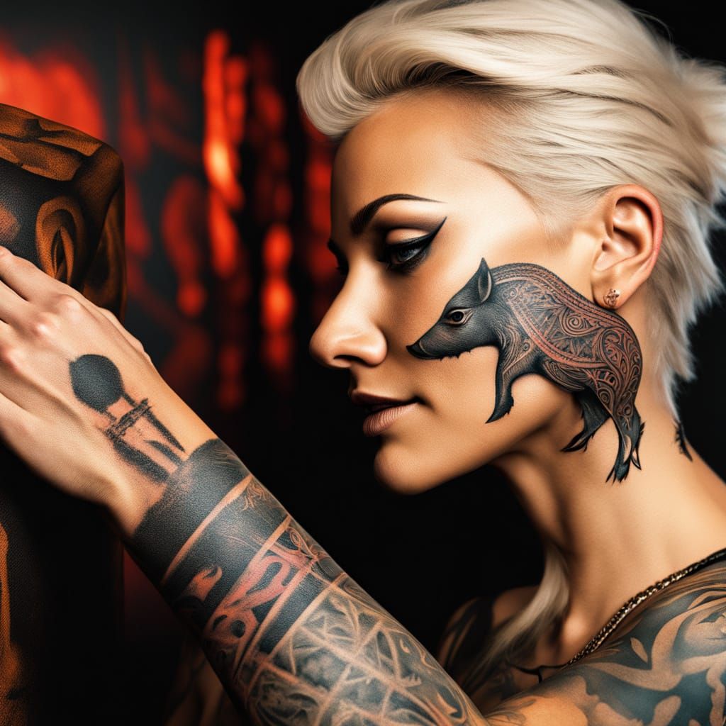 Dark Fantasy Boar Tattoo Artist in Hyper-Realistic Portrait