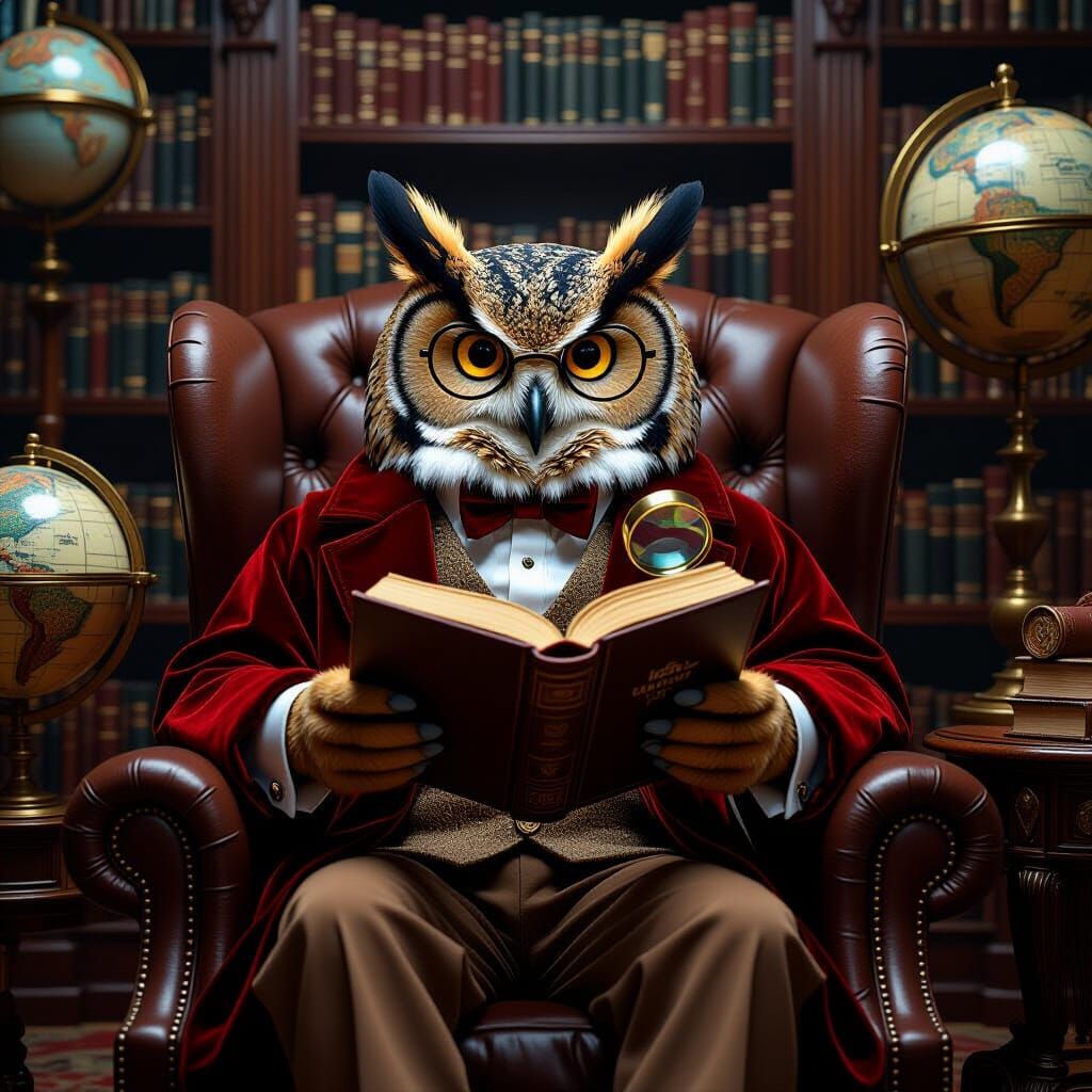 Anthropomorphic Owl Reading in Cozy Library
