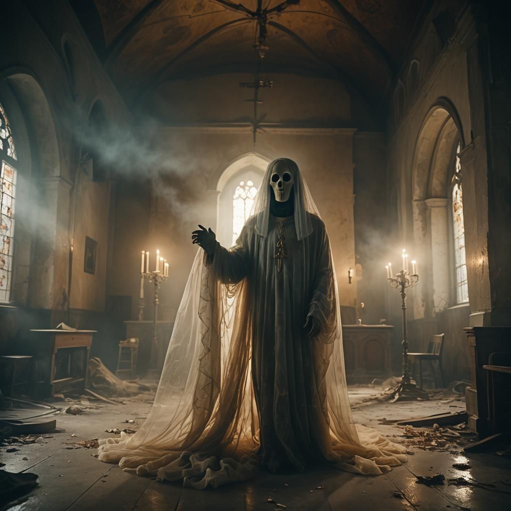 Ethereal Ghost in Abandoned Church: Cinematic Still