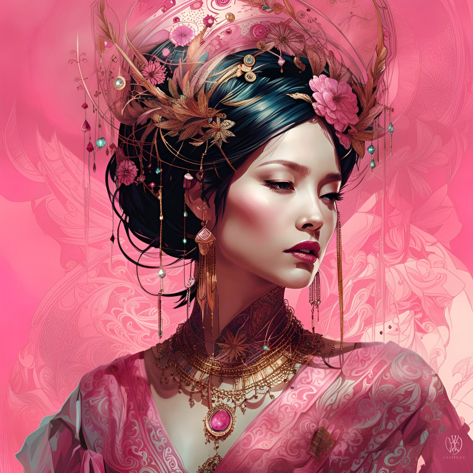 Gorgeous Princess Portrait with Pink Filigree