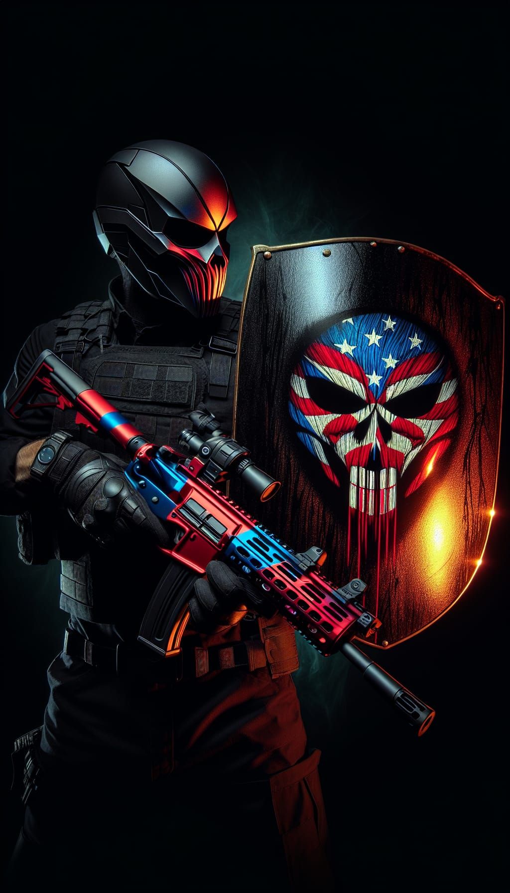 Vigilante with Skull Emblem and Shield in Comic Book Style