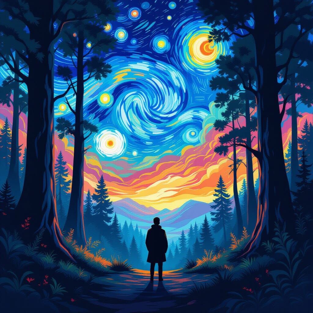 Mystical Forest Man Under Swirling Starry Sky