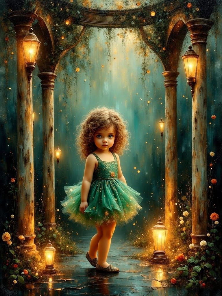 Baroque Toddler Girl in Victorian Gazebo at Dawn