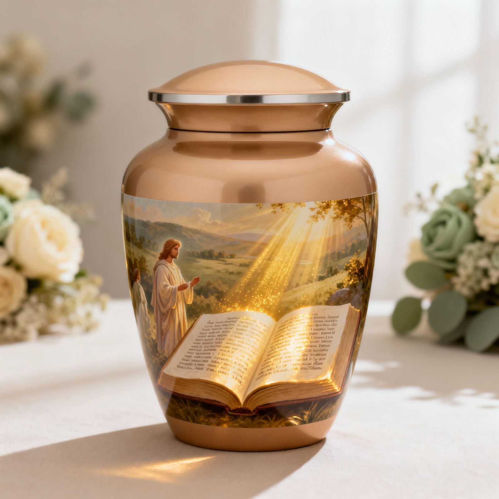 Serene Bible Scene Cremation Urn in Warm Sand Aluminum
