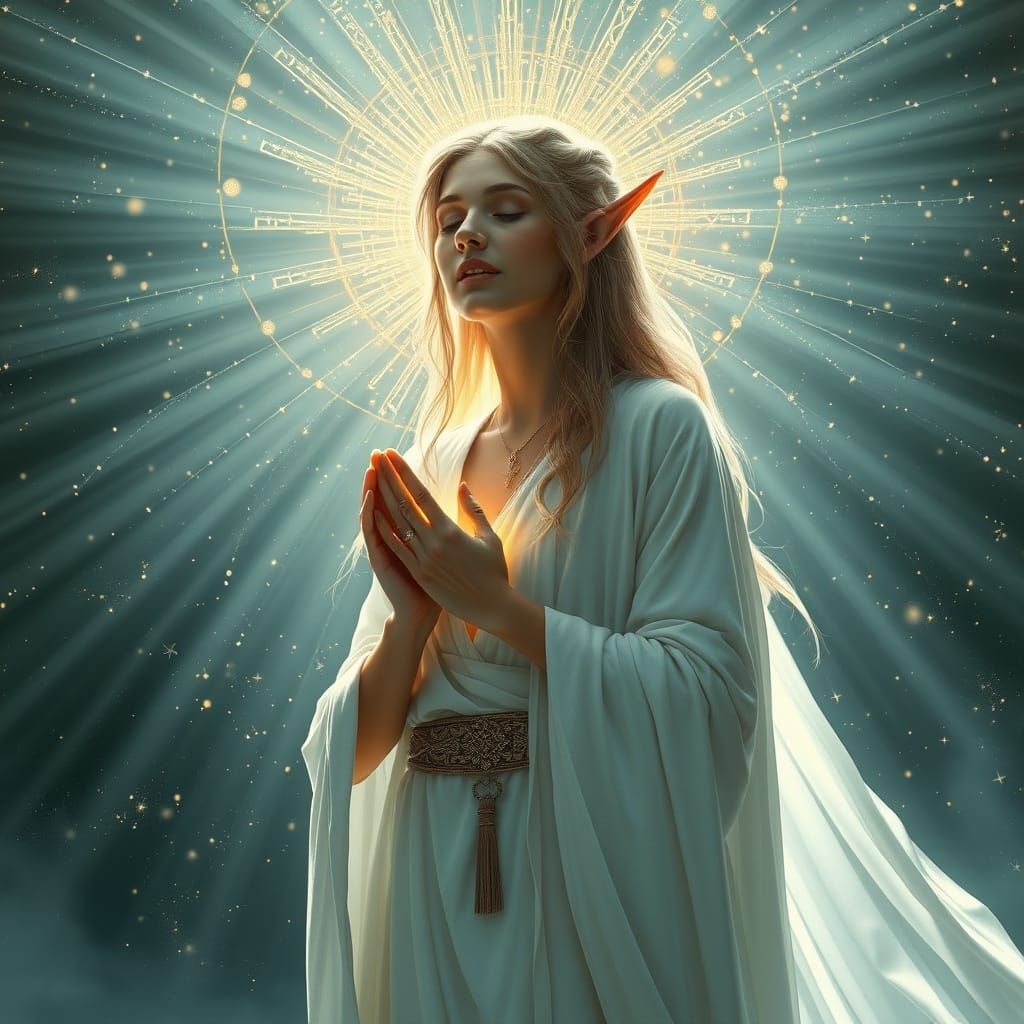Elven Woman in Radiant Light, Cinematic Fantasy Art