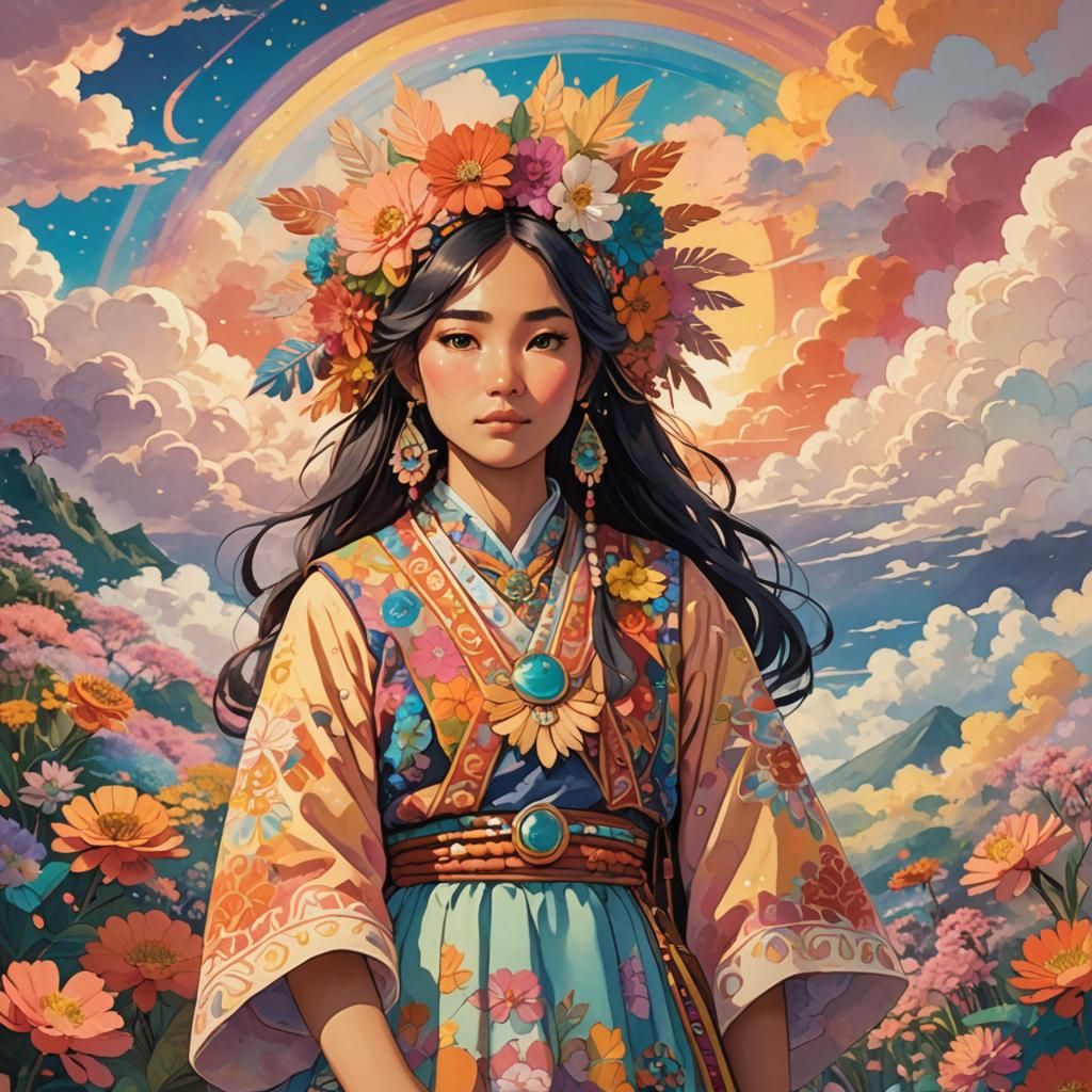 Anime Woman in Dreamy Floral Landscape