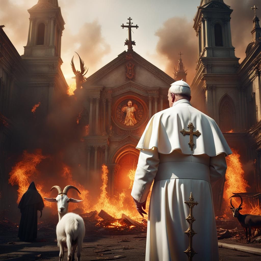 Evil Goat-Headed Priest in Front of Burning Church