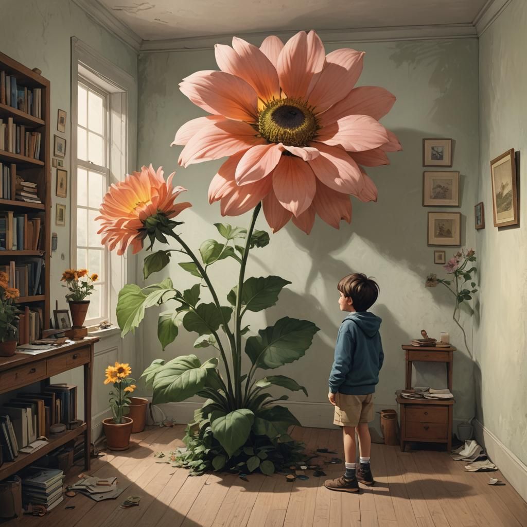Giant Boy Observes Giant Flower in Small Room