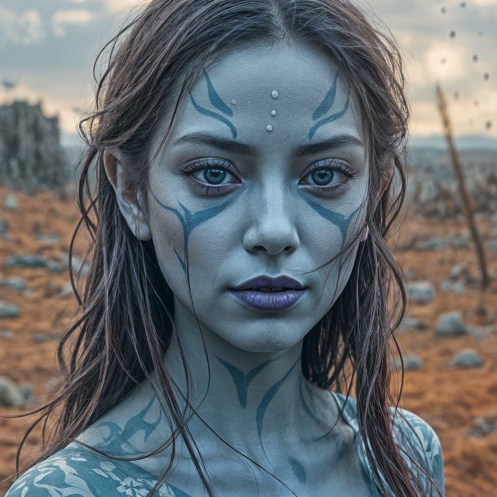 Blue Lipstick Portrait in Alien Landscape, Digital Painting