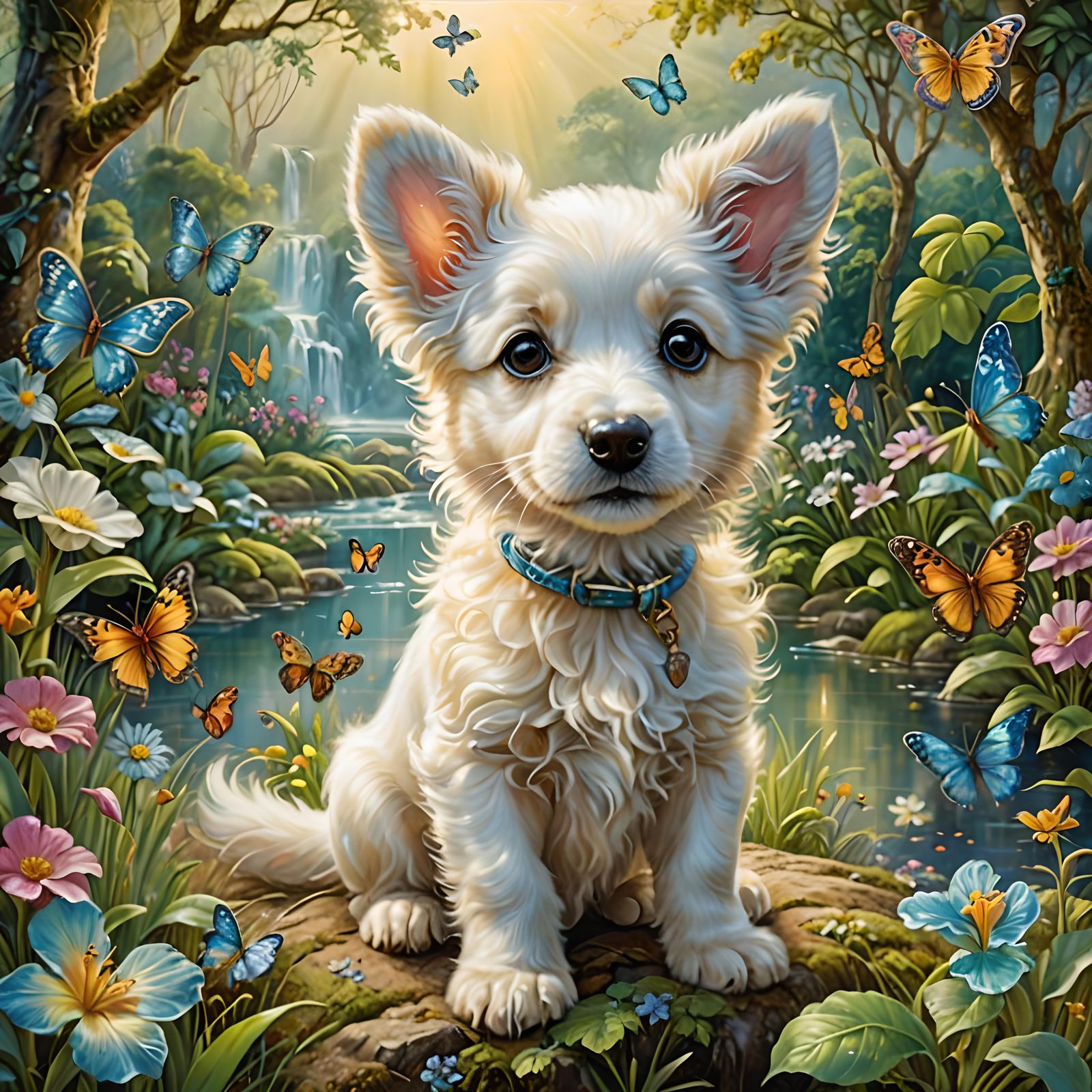 Adorable Puppy in Fairytale Lagoon Landscape