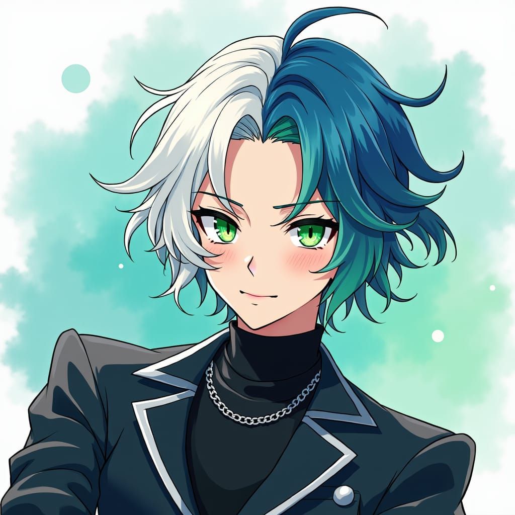 Anime Male with Split Hair in Watercolor Style