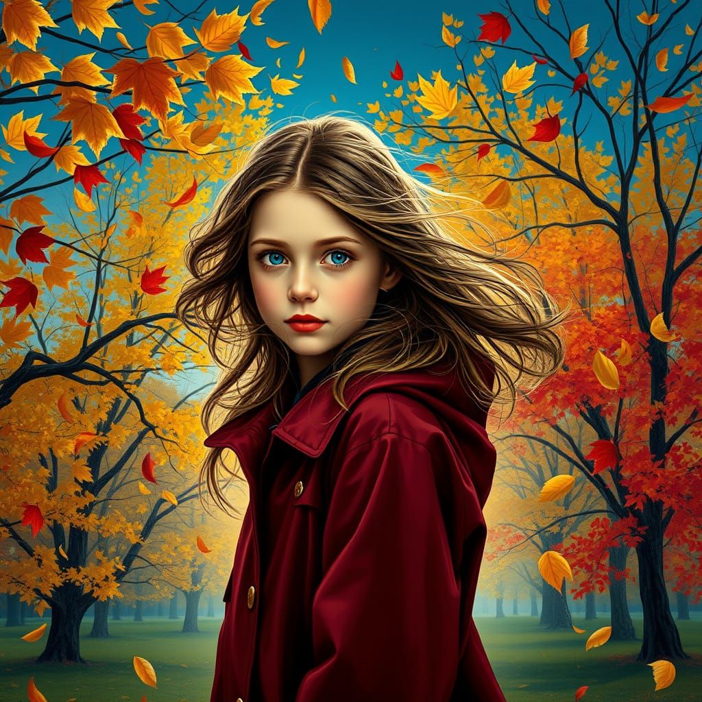 Girl in Autumn Park: Oil Painting Style