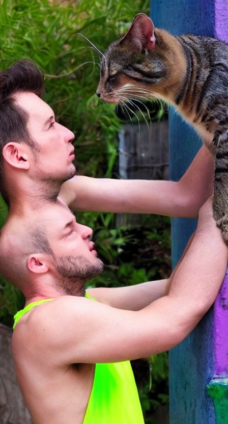 Man Petting Feral Cat in Neon Tanktop