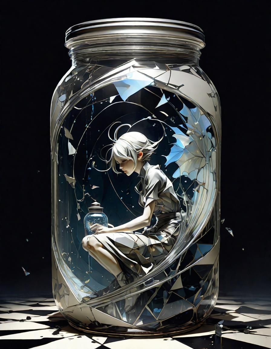 Fairy Trapped in Jar: Ink Wash Style Illustration