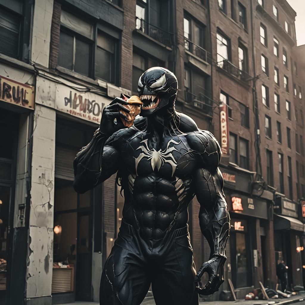 Venom Eats a Cheeseburger in Cinematic Film Still