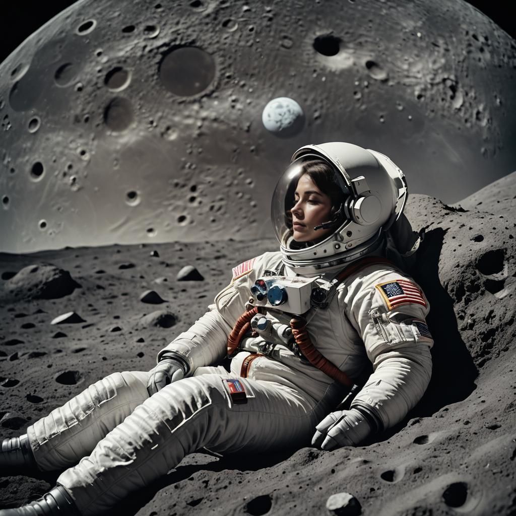 001 A beautiful woman wearing a white spacesuit lying uncons...