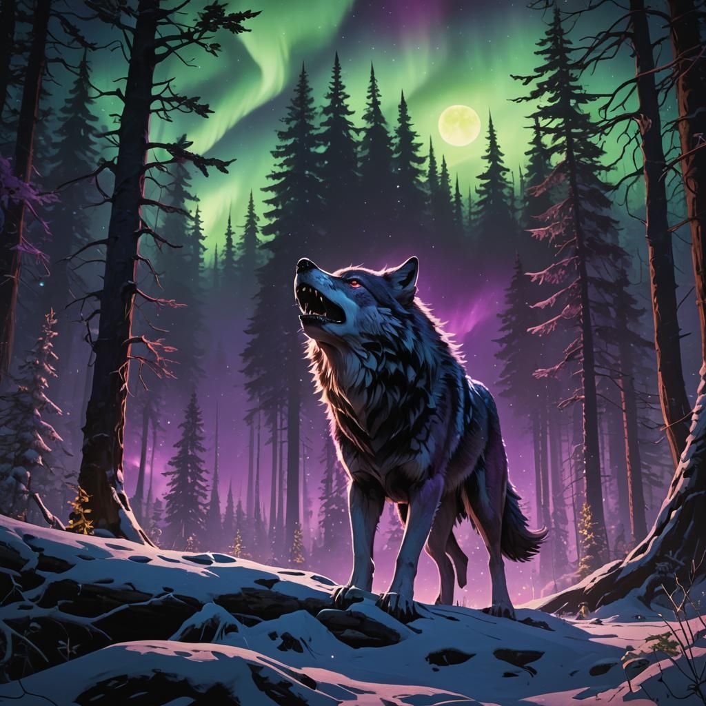 Wolf Howling at Northern Lights in Dark Forest