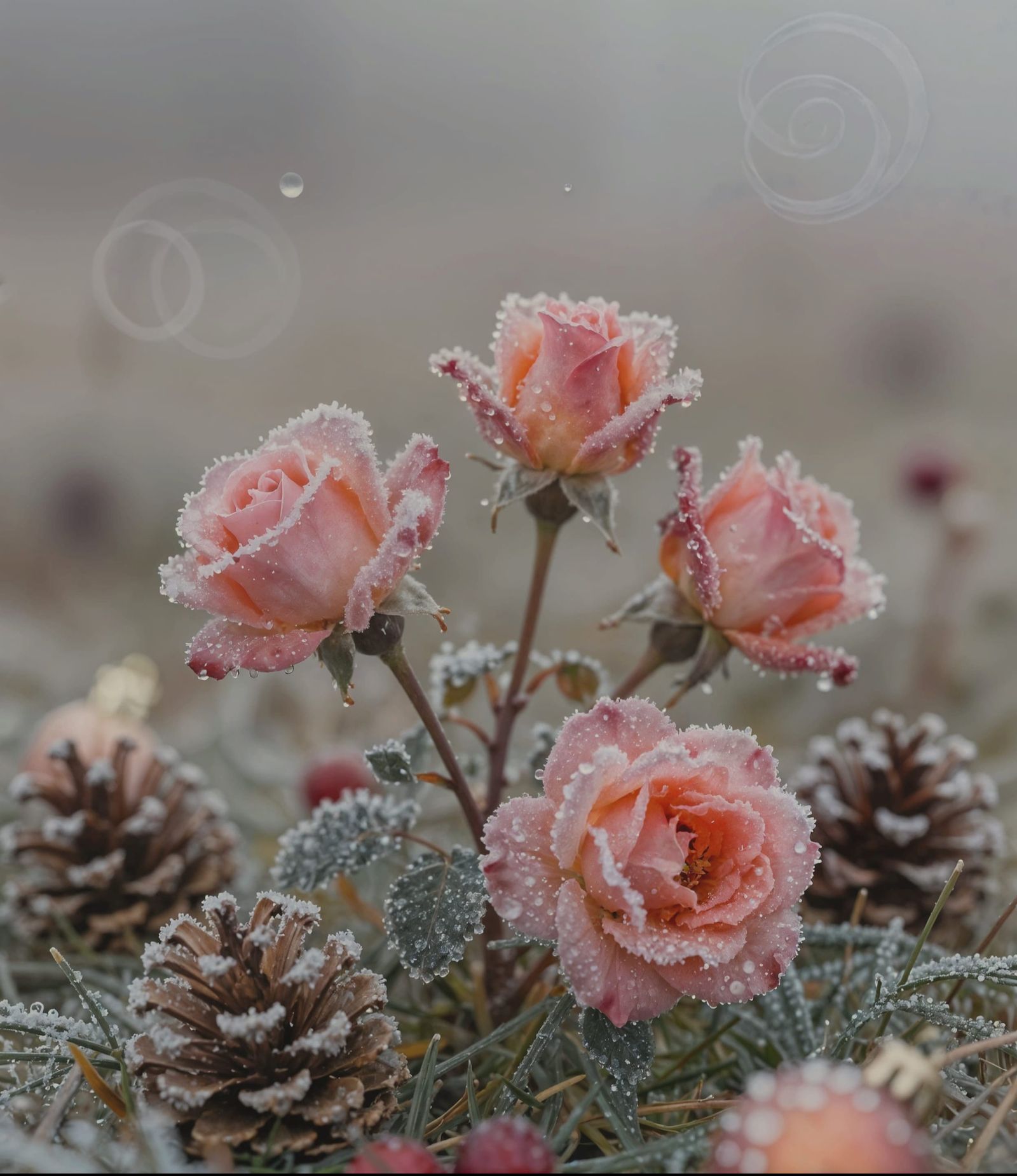 Icy Rosebuds in Soft Light: Impressionistic Christmas Meadow