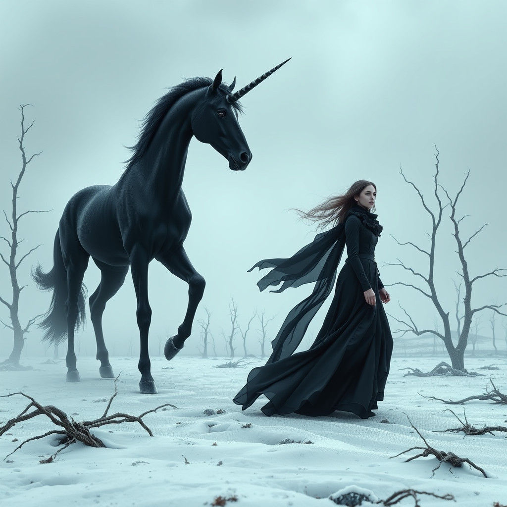 Black Unicorn and Ice Mage in Frozen Wasteland