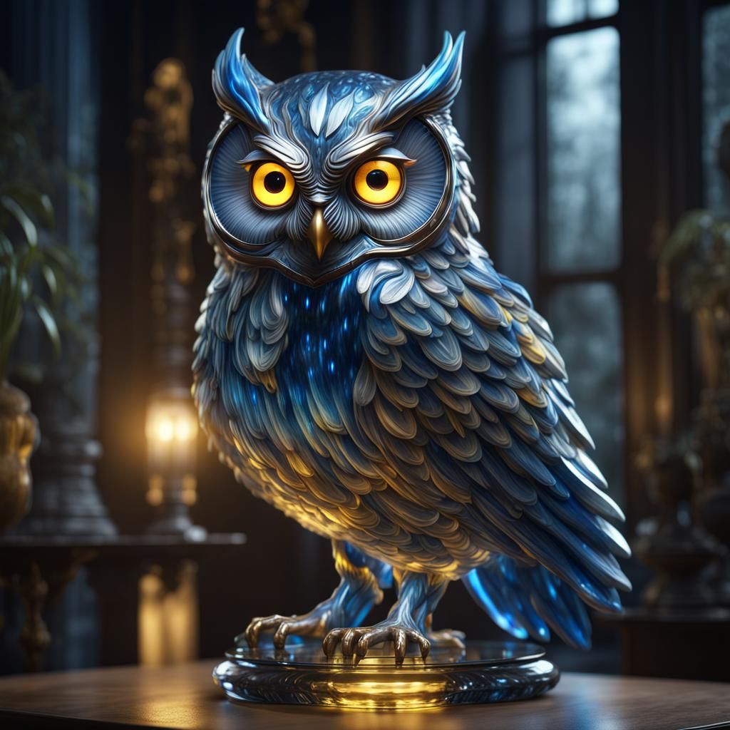 Glass Owl Sculpture: Detailed Matte Painting in Deep Color