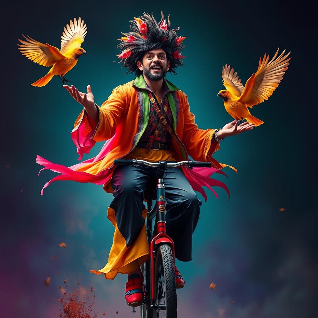 Unicyclist Juggling Birds: Hyperrealistic Digital Art