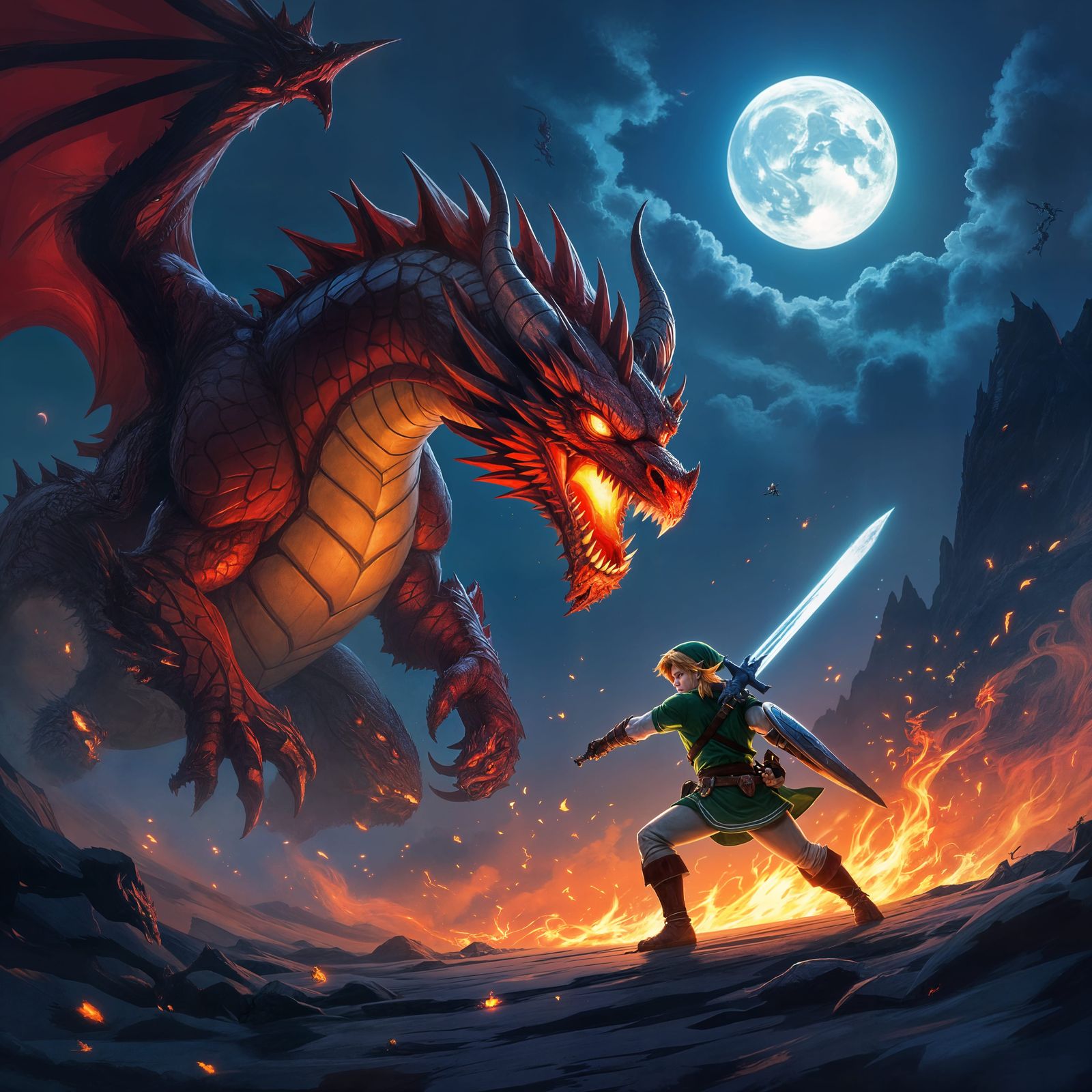 Link Charges Fierce Red Dragon at Night