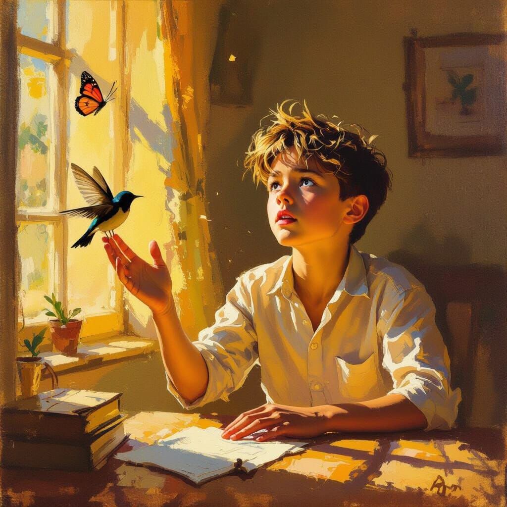 Boy Chasing Birds in Sunlit Room, Impressionistic Style